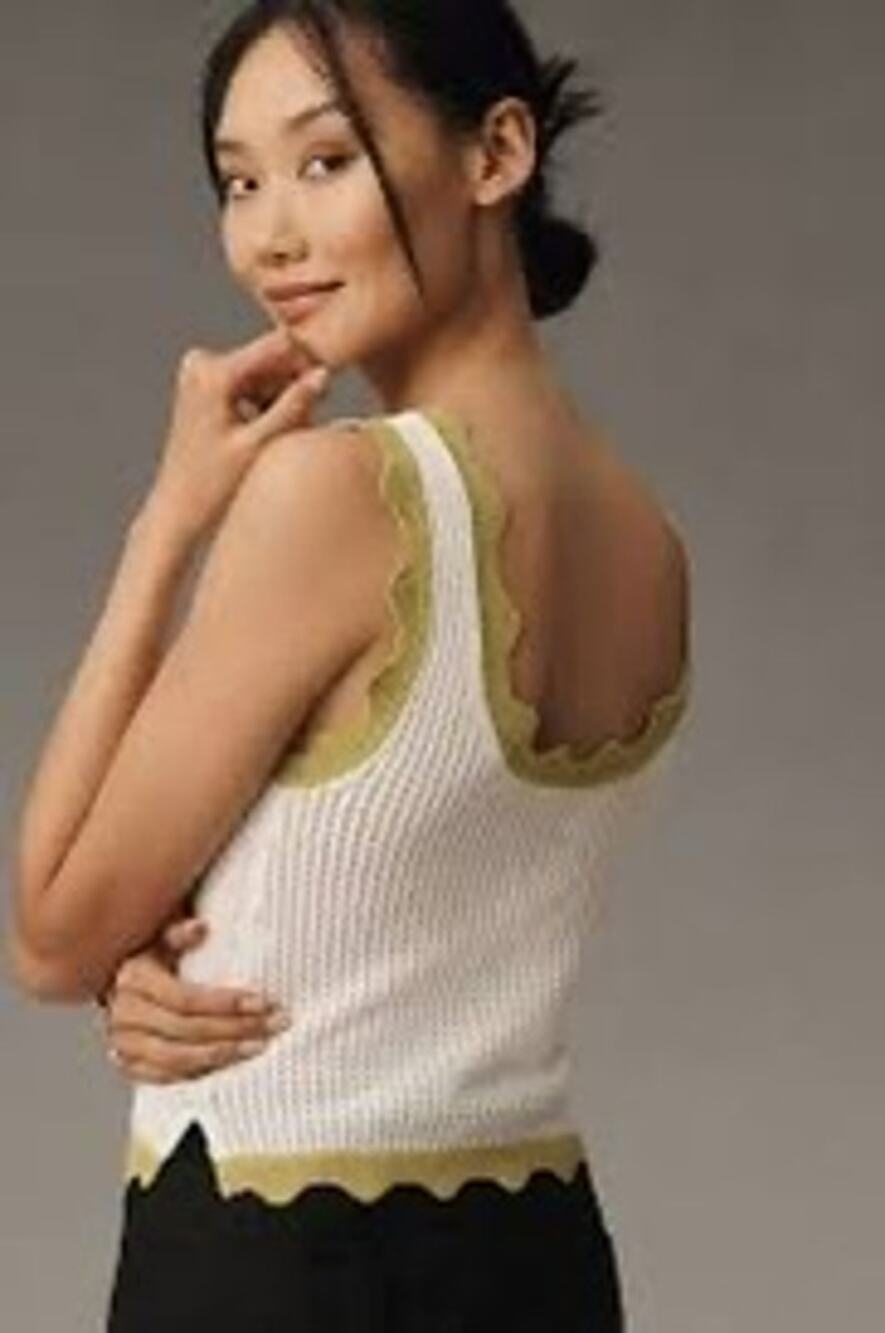 Anthropologie Maeve Crop Scallop Sweater Tank with lime green trim Sz XS